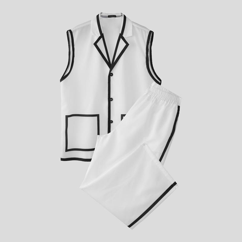 INCERUN 2PCS Men Sets Sleeveless Waistcoat and Long Straight Stitching Pants Outfits