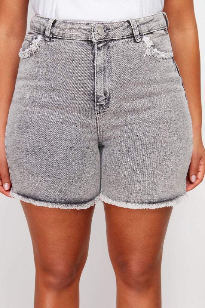 Women's Style Plus Size Gray Pocket and Leg Tassel Detailed Mini Denim Shorts