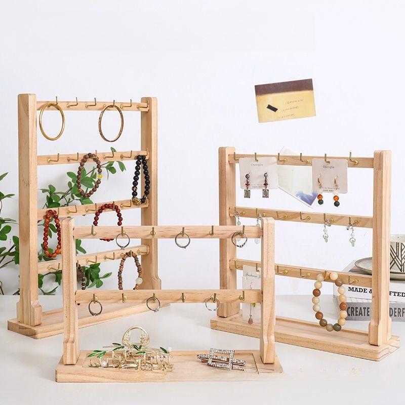 Wooden Jewelry Display Stand: Earring, Keychain, Bracelet Holder with Hooks and Bead String Storage