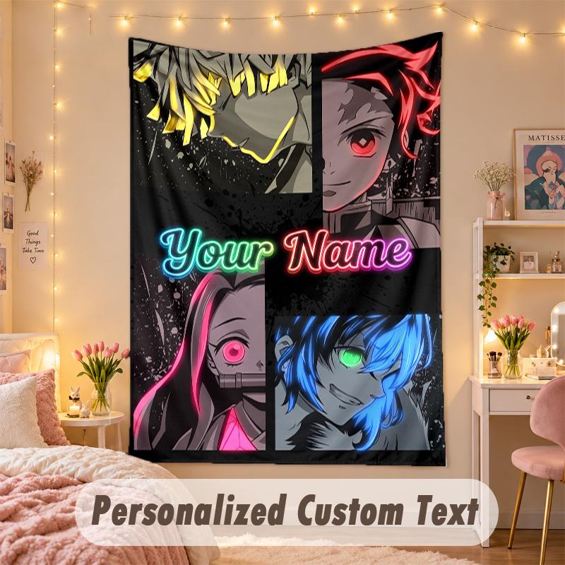 Custom Personalized Tapestry,Demon Slayer Print Custom Name Text Wall Art Hanging for Bedroom