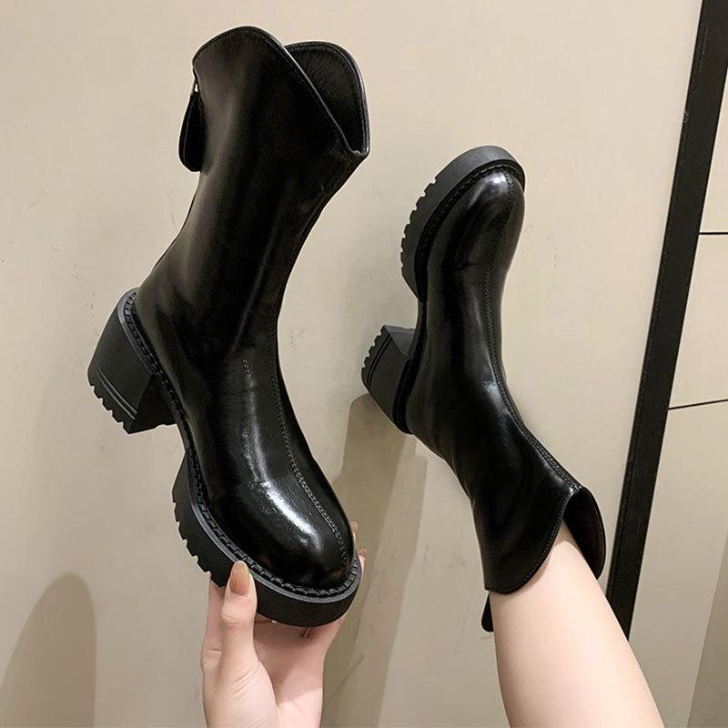 Martin boots matching pants women's new autumn and winter thick heel leather boots warm short boots thick-soled short boots women