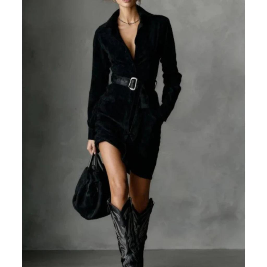 Women's Turn Down Collar Long Sleeve Shirt Dress High Waist Casual Mini Gown