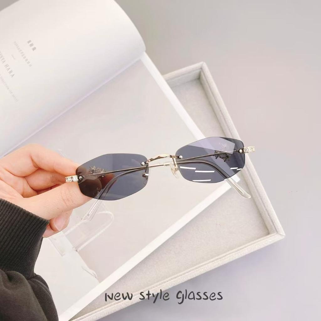 Korean Fashion Women'S Sunglasses Oval Shape Rimless Anti-Glare Sun Glasses Women Rhinestone Decoration Female Sunglass