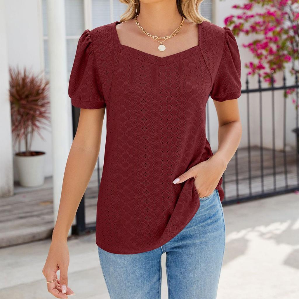 Women's Fashion Square Neck Splicing Solid Color Short Sleeve