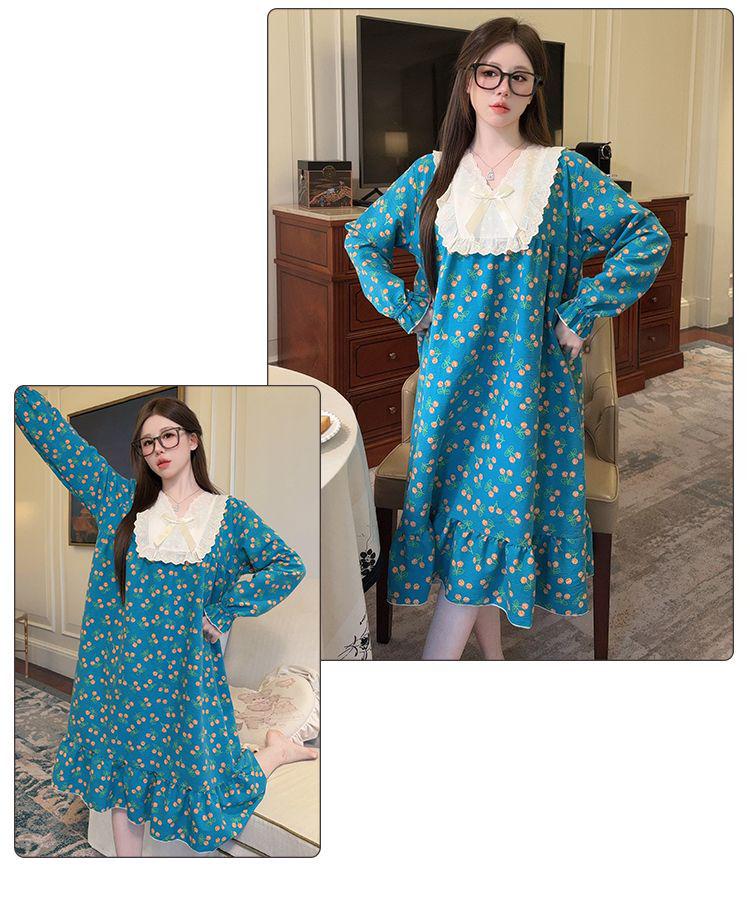 Retro-Blumen-Baumwoll-Nachthemd mit langen Ärmeln & Brustpolstern, Übergröße 220 Jin - Bequem für Frühling & Herbst