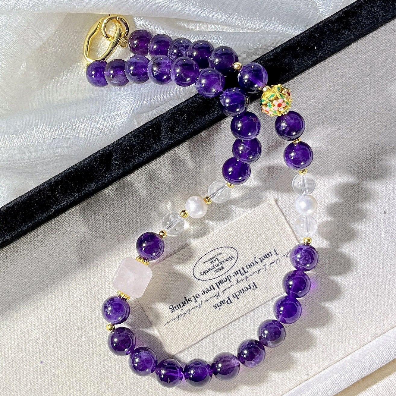10Mm Noble Grape Purple Natural Amethyst Freshwater Pearl White Crystal Powder Crystal Design Necklace Clavicle Chain