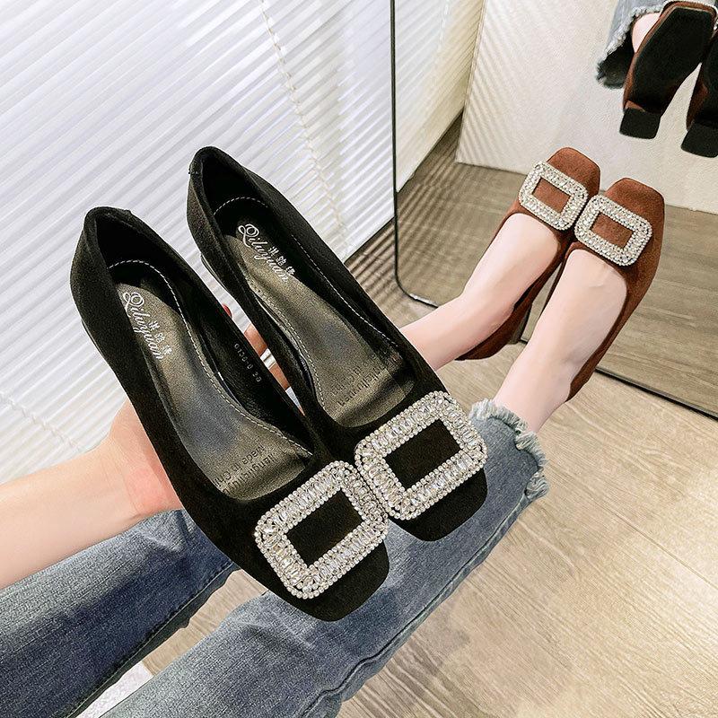 Low-heeled single shoes women's 2025 new spring and autumn women's shoes rhinestone buckle French square head shoes black thick-heeled high heels