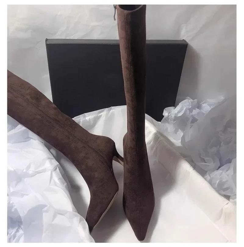 

Сапоги до колена с острым носком, сексуальные ботфорты, женские сапоги на молнии сбоку, замшевые, эластичные, на высоком каблуке, современная обувь, zapatos de mujer 38