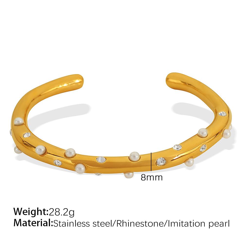 Bracelet Gold Stainless Steel Inlaid Imitation Pearl Irregular Opening Bracelet Light Luxury Versatile