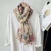 Spring and Autumn Long Shawl Artistic Flower Print Hanging Tassel Fashionable Scarf Women's Travel Sunscreen Decoration Exterior