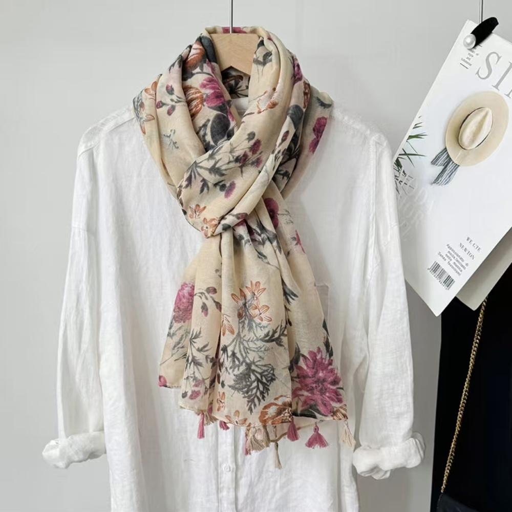 Spring and Autumn Long Shawl Artistic Flower Print Hanging Tassel Fashionable Scarf Women's Travel Sunscreen Decoration Exterior