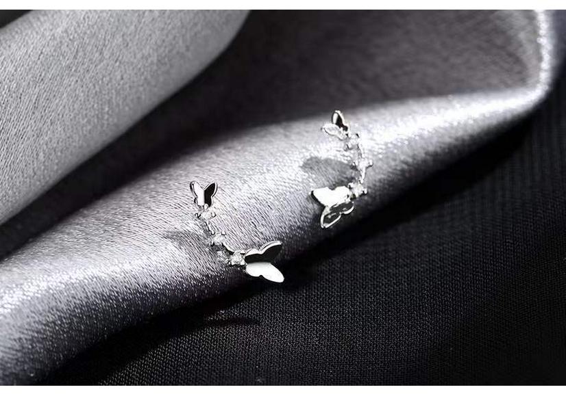 Beixi S925 Sterling Silver Rhinestone Butterfly Earrings - Women's Korean Forest Style