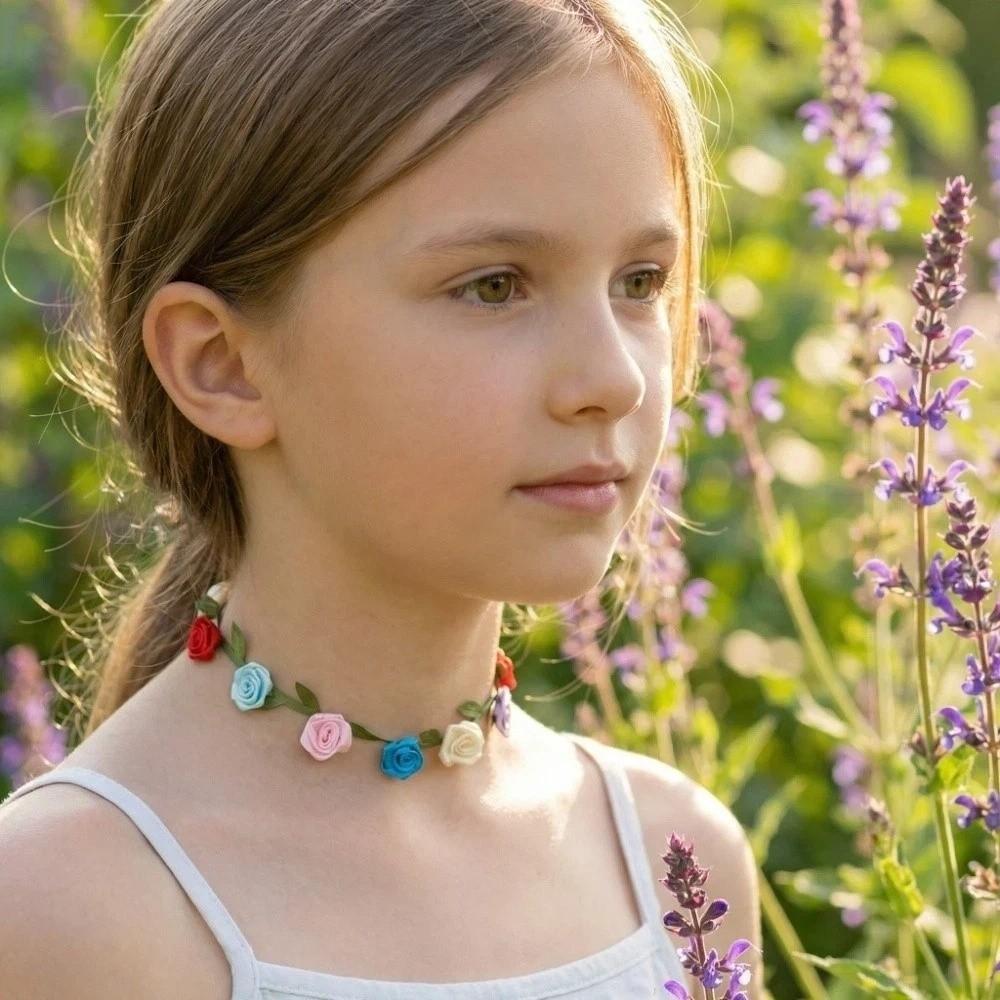 Splicing Green Leaf Satin Cloth Flower Choker Collarbone Choker Summer Clavicle Chain  Gift