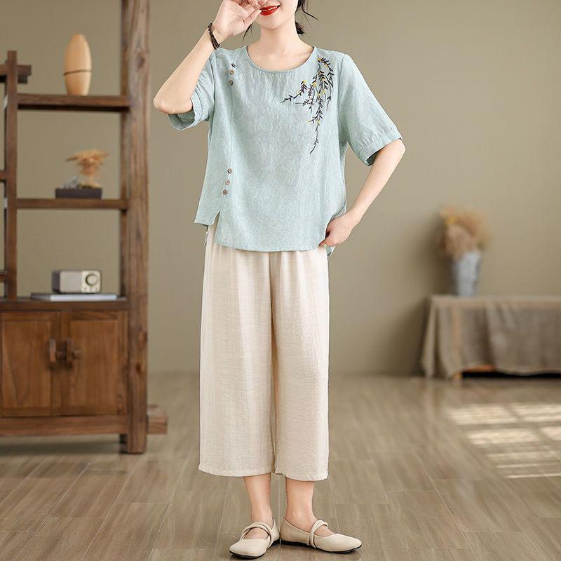 Mid-Age Women's Summer Cotton Linen Embroidered Two-Piece Set: Short Sleeve Top & Pants, Plus Size, Loose Fit