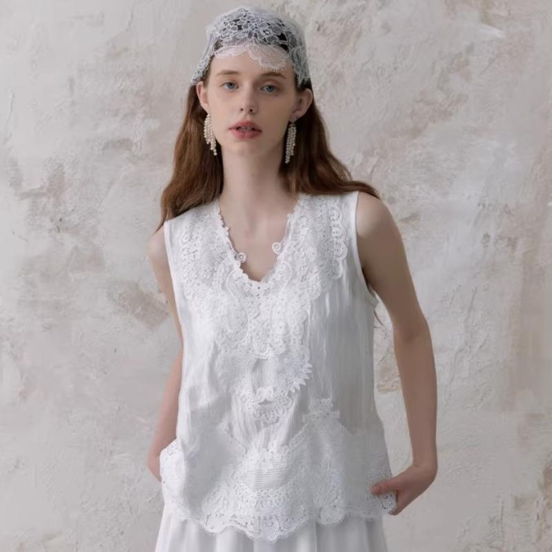 DIMANAF 2026 Neues Weste-T-Shirt Damen Spitze Rundhalsausschnitt Ausgeschnitten Sommerstil Basic Tops T-Shirts Lockere Weste