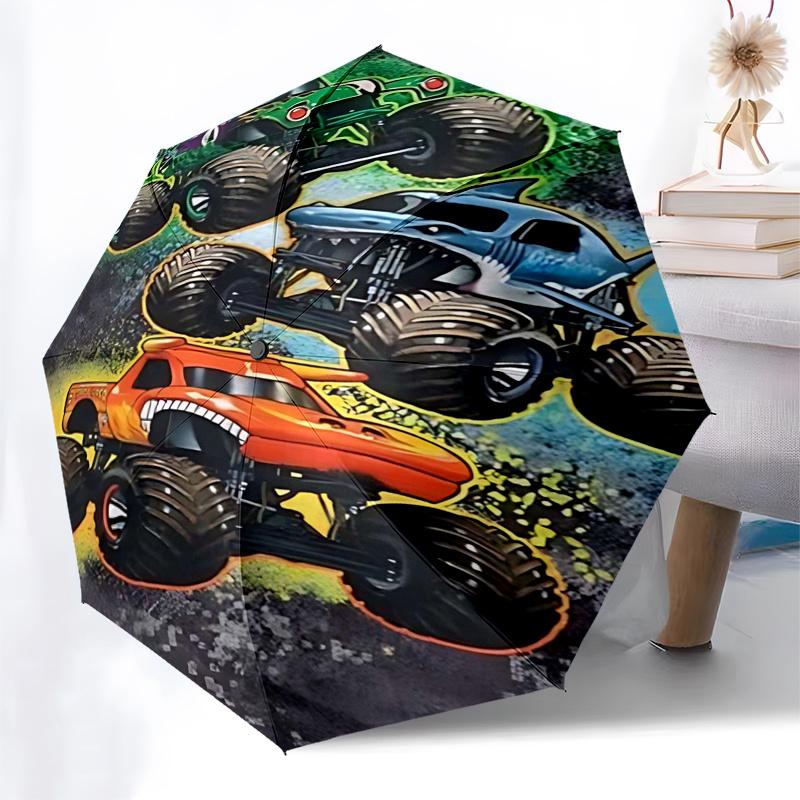Monster Truck Themed Travel Umbrella 8 Ribs Automatic Opening and Closing, Portable Folding Design, Compact and Stylish Umbrella Suitable fo