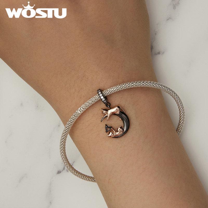 WOSTU 925 Sterling Silver Playful Cat Charms Pendant Fit Original Bracelet DIY Jewelry