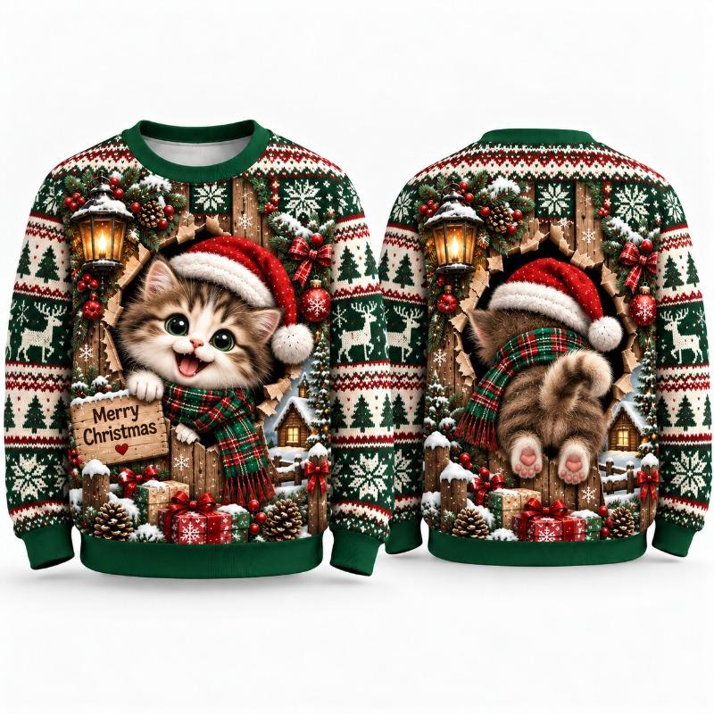 Cute Kitten Ugly Christmas Sweater For Men Women, Snowy Holiday Sweaters With Santa Cat Winter Party Gift