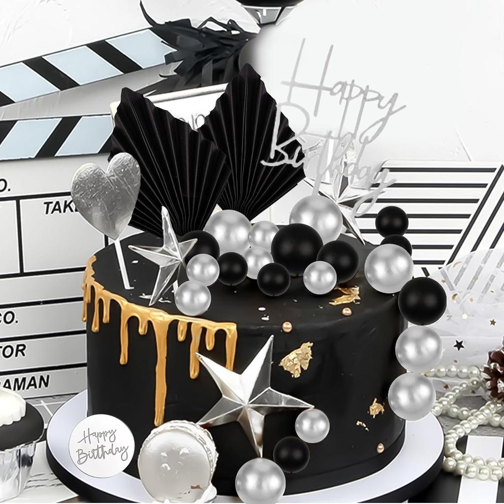 Black Silver Foam Balls Cake Decoration Silver Palm Leaves Cake Decoration for Birthday Wedding Baby Shower Bridal Shower