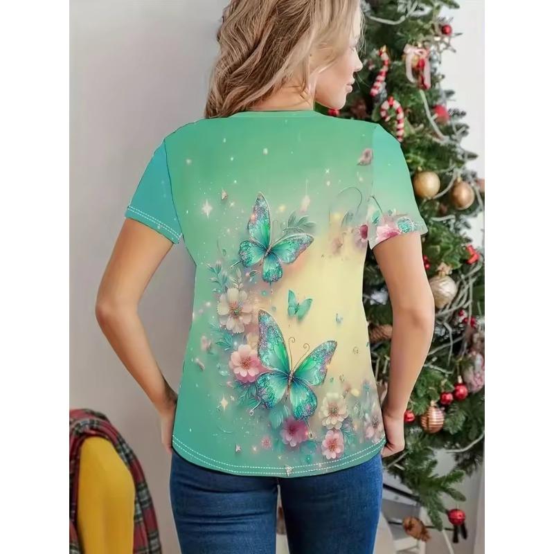 

Женская футболка с коротким рукавом большого размера с 3D-принтом бабочек, свободная и повседневная, мягкая, удобная и дышащая, для занятий спортом на открытом воздухе XS