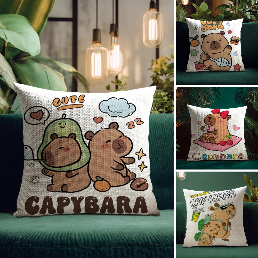 Cartoon Cute Capybara Cushion Cover Natural Linen Pillow Case Double-Sided Print Decorative Sofa Pillowcase Home Decor Gift