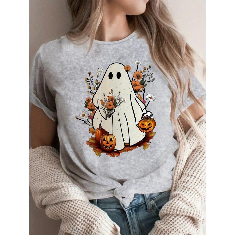 

The Halloween Skeleton Pumpkin and Ghost Print T-shirt Casual Crew Neck Short Sleeve Top for Aesthetic Clothes 3XL