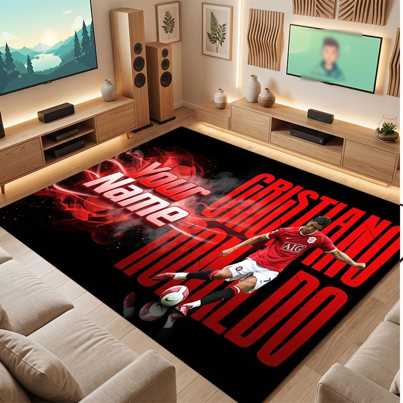 Cristiano Ronaldo Custom Crystal Velvet Rug, Personalized Name Text Print, Football Logo Soft Non‑Slip Floor Mat Home Decor Gift