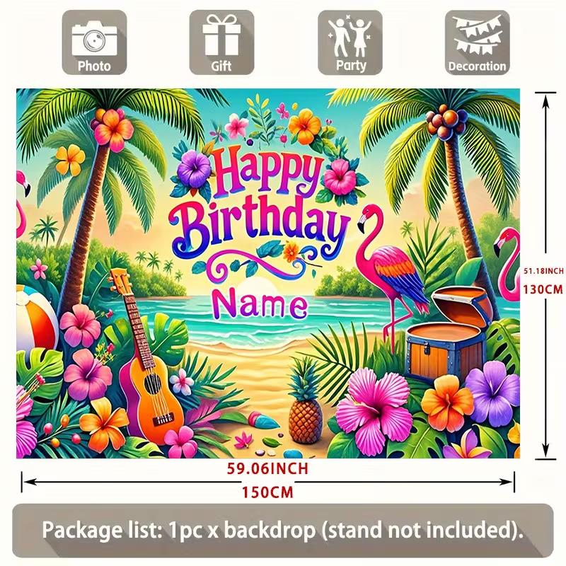 2D Customizable Name Tropical Flamingo Birthday Backdrop Beach Palm Tree Background Banner for Kids Party