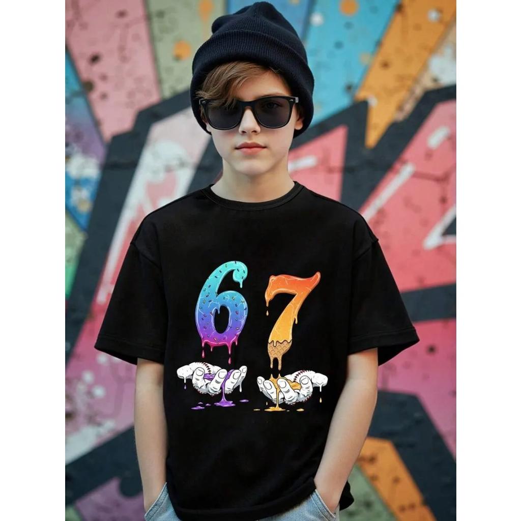 New Children Funny Six Seven Meme Print T-Shirt for Men Novelty Kids Tees Crew Neck Short Sleeve T-Shirt Loose Casual Clothing