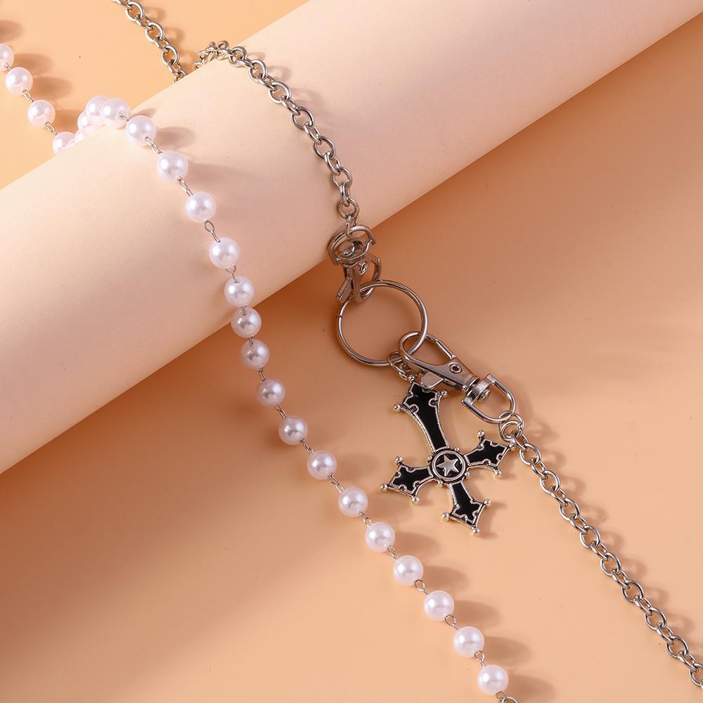 2pcs Gothic Religious Cross Pendant Necklace Pearl Beaded Choker Necklaces for Women Girls Punk Jewelry Gifts
