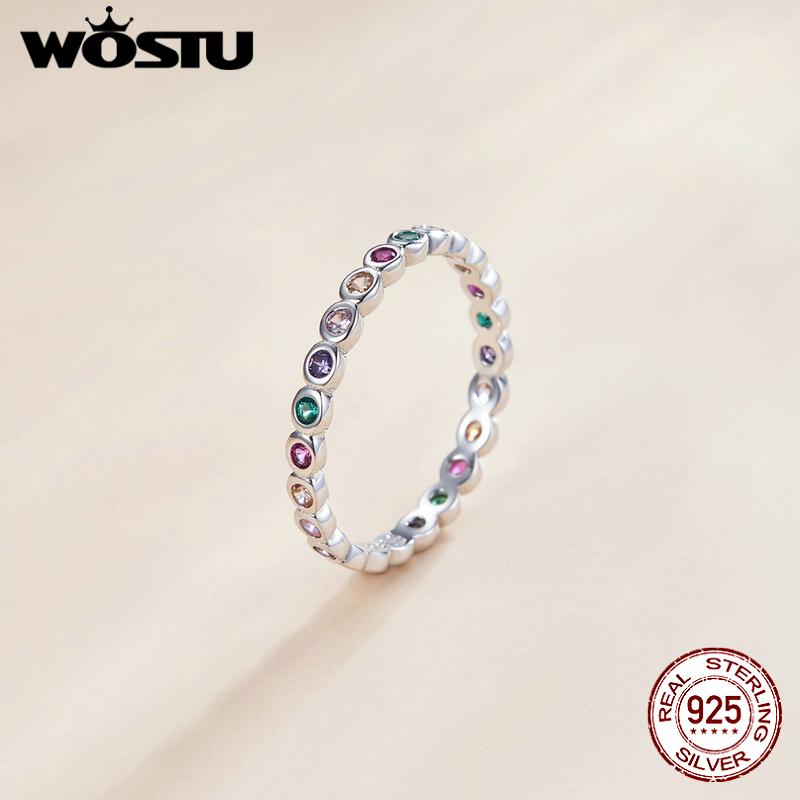 WOSTU 925 Sterlingsølv Fargerike Cubic Zirconia Lucky Rainbow-ringer, stablebar erklæringsring for kvinner for størrelse 6,7,8