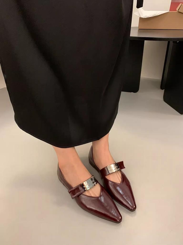 Single Shoes Women's Shoes New Autumn and Winter Word with Pointed Silver Mary Jane Shoes