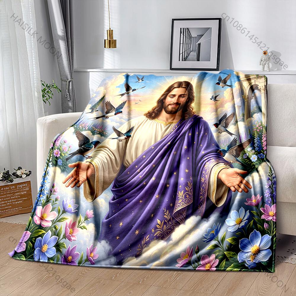 Jesus in Purple Robes with Flowers and Birds Print Blanket Warm Soft Fluffy Kids and Adult Sofa Bed Throw Blanket Travel Camping