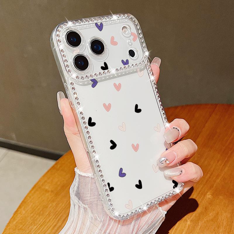 Pink Hearts Eye Pattern Diamond Case For iPhone 17 Pro Max Funda iPhone 16 Pro Max 15 14 13 11 Clear TPU Silicone Soft Cover