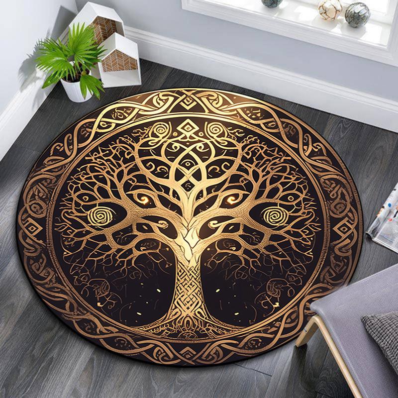Golden Tree Round Area Rug,Carpet Rug for Living Room Bedroom Sofa Playroom Decor,Non-slip Floor Mat