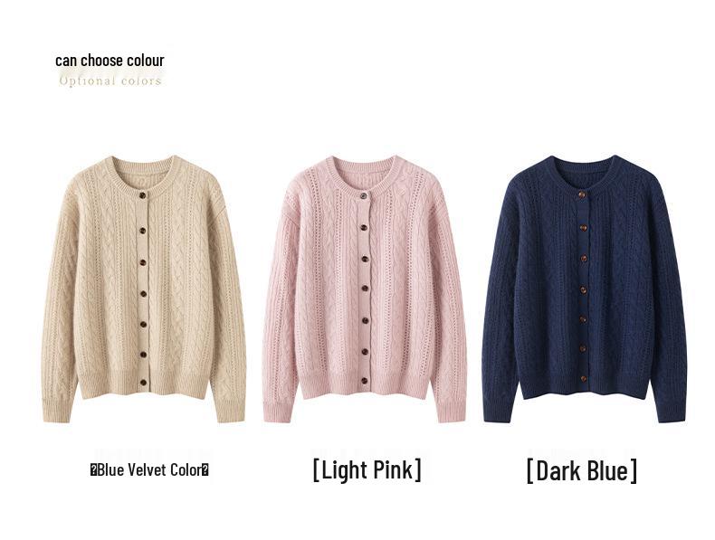 Women's Thickened Hollow-Out Cashmere Cardigan, Round Neck, Button-Up, Long Sleeve Wool Outerwear with Drop Shoulders.