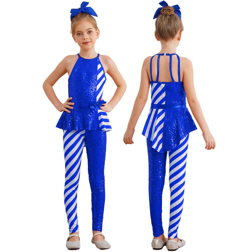Girls Peplum Jumpsuit Christmas Costume Sleeveless Open Back High Waist with Sequins