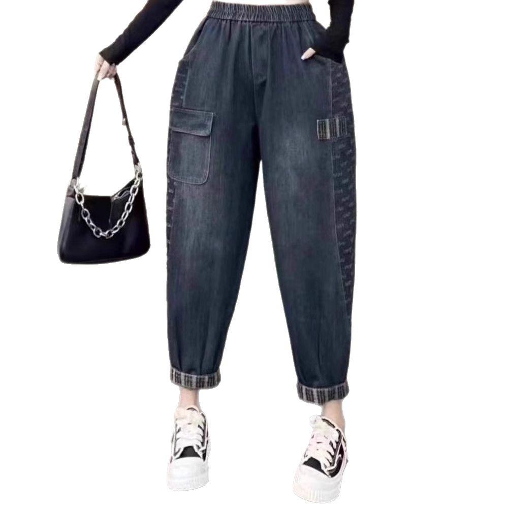 Spring/Summer Thin Fashion High Waist Large Loose Jeans for Women Elastic Waist Versatile Haren Pants
