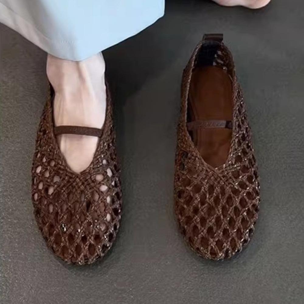 Handwoven Hollow Breathable Flat Sandals Women Summer Fashion Mesh Ballet Flats Women Comfortable Non-Slip Casual Beach Shoes