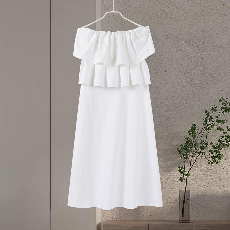 White Pleated Strapless Dress Solid Color Off Shoulder Pinched Fashion Slimming Women Beach Vacation Beach Elegant Long Dresses