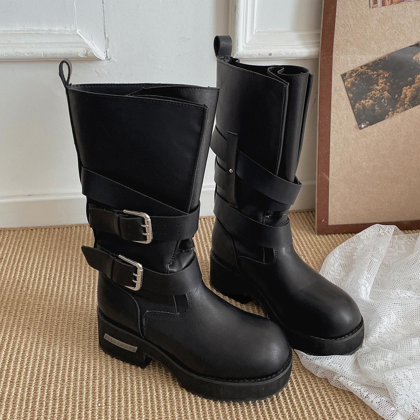 

Black retro British platform boots women s medium boots 2025 new autumn with skirt slim knight boots 42 чёрный