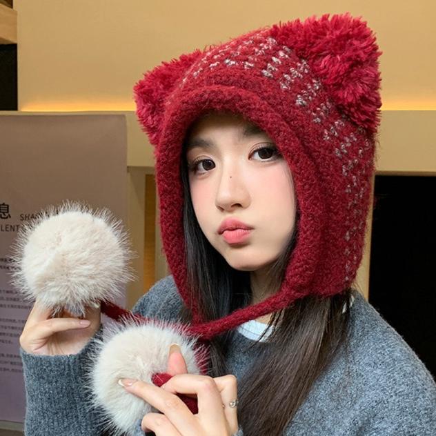 Winter Hat Girl Cute Bear Plush Hat Windproof and Warm Integrated Hat Hairball Cold-proof Knitted Hat