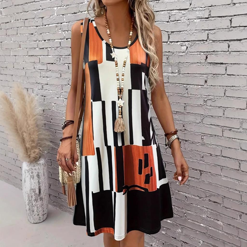 Women's Summer Shirt Dress Sleeveless Round Neck Midi Dress Loose Floral Printed Plus Size Dress