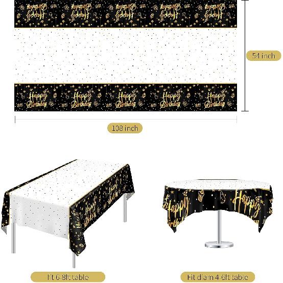 Ruisita 2 Pack Black Gold Table Cloth Cover Happy Birthday Tablecloth Party Tablecloths Rectangular Table Cloth Cover for Indoor or Outdoor Parties