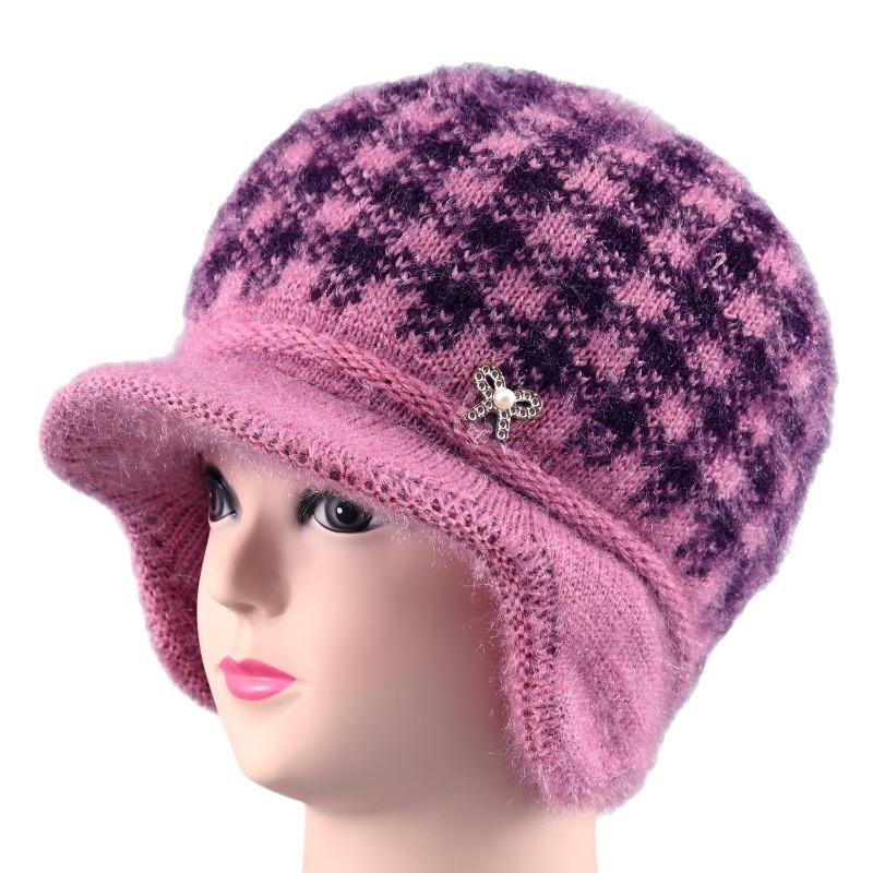Hat Women's autumn and winter hat Fleece thickened warm ear protection cold old lady knitted wool hat