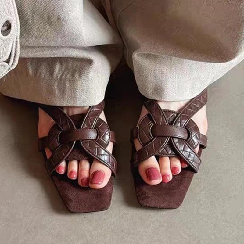 

Модные женские сандалии с квадратным носком, балетки, шлепанцы, пляжная обувь 2025, летние дизайнерские брендовые повседневные туфли с открытым носком, шлепанцы Mujer 35 коричневый