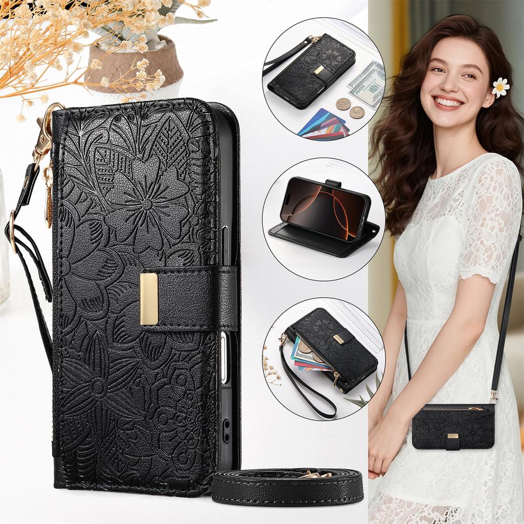 PU Leather Zipper Crossbody Flip Wallet Card Slot Phone Case For Samsung Galaxy S25 Plus S24 FE S23 Ultra S22 Wrist Strap Cover