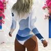 Women Plus Size Blue White Printed High Neck Front Zip Long Sleeve One Piece Swimsuit
