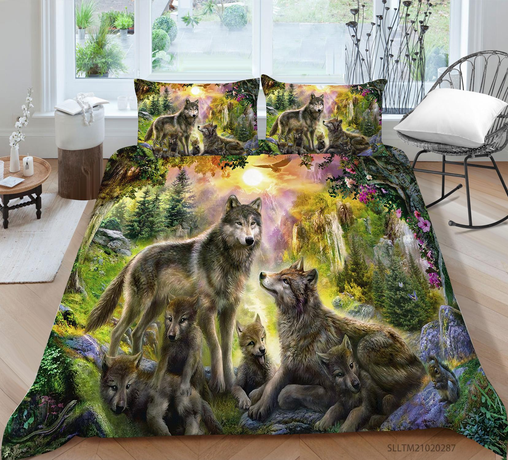 

3D Wolf Pattern Bedding Single Double Bed Full Size Animal Print Pillowcase and Quilt Cover Microfiber Washable Home Decoration UK Single 135x200cm
