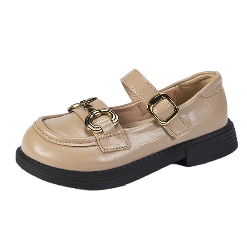 2024 Spring New Girls Leather Shoes Round Toe British Style Retro Metal Buckle Soft Kids Fashion Princess Loafers Shallow Causal